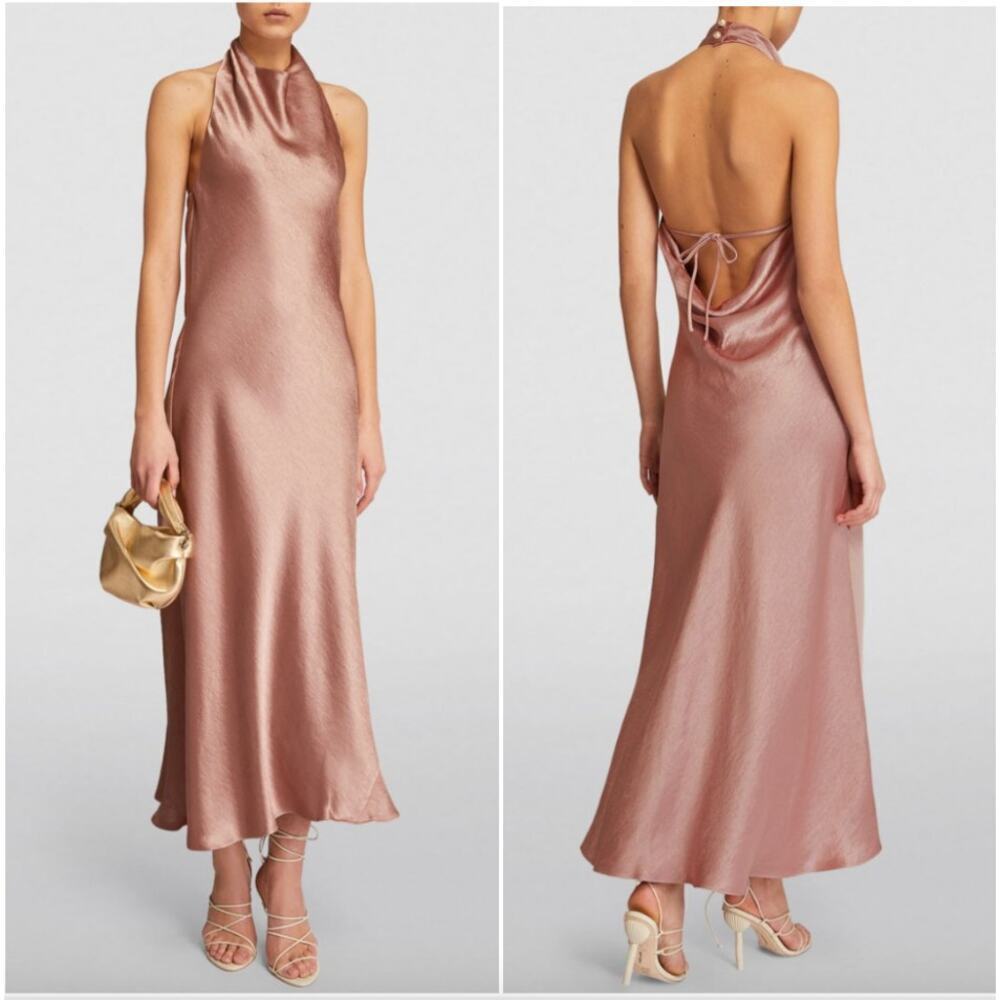 NEW $495 Vince Open back Satin Halterneck Maxi Dress in Baby Pink